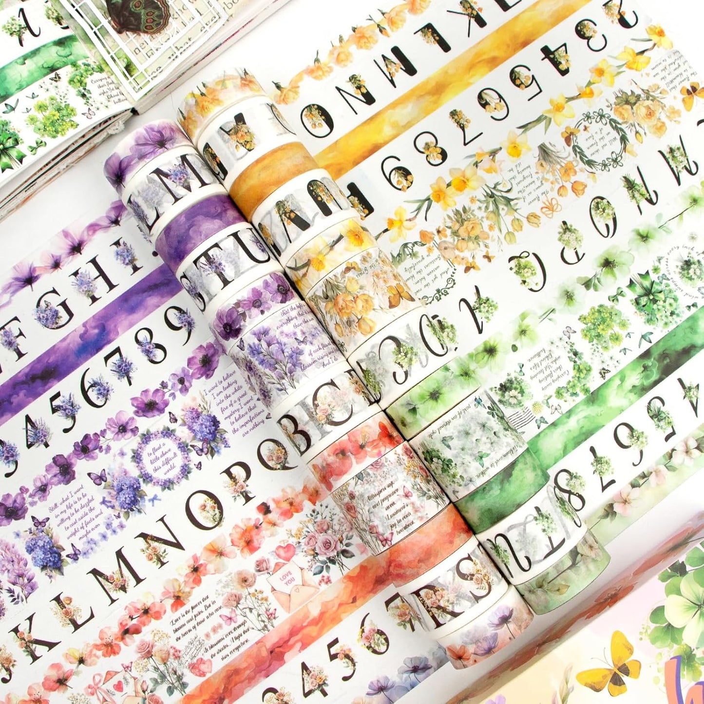 24 Rolls Washi Tape Set - Floral Alphabet Themed Decorative Masking Tape, Adhesive Artists Tape for Journaling Supplies, DIY Craft, Scrapbooking Supplies, Gift Wrapping, School Supplies