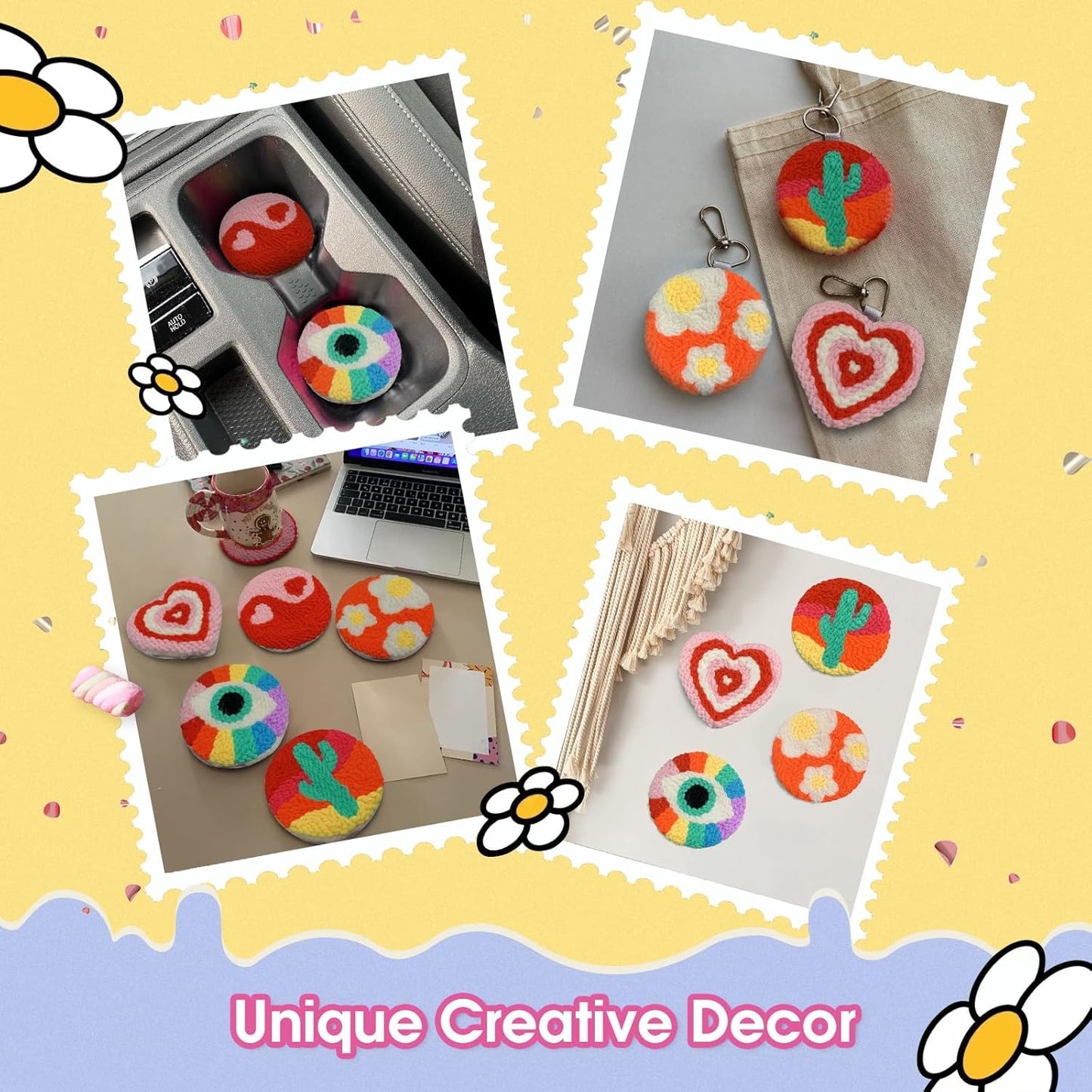 yuegool 6PCS Energy Punch Needle Coasters Kit,Easy DIY Punch Needle Embroidery Kit for Beginners Adults Kids Including Patterns, Tools, Yarns, Hoop, Instruction, Coaster Holder Art Craft Supplies