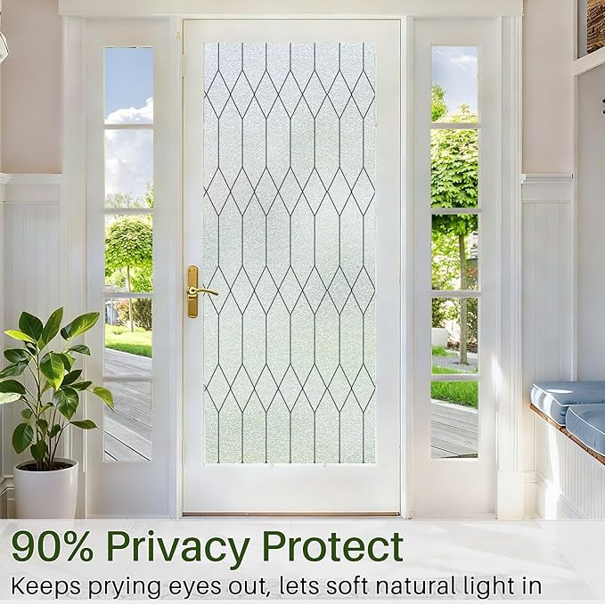 Windimiley Window Privacy Film Stained Glass Static Clings, Bathroom Frosted Leaded Decorative Window Stickers, UV Heat Blocking Opaque Removable for Home Door Coverings (29.5 x 118.1in,Pure)