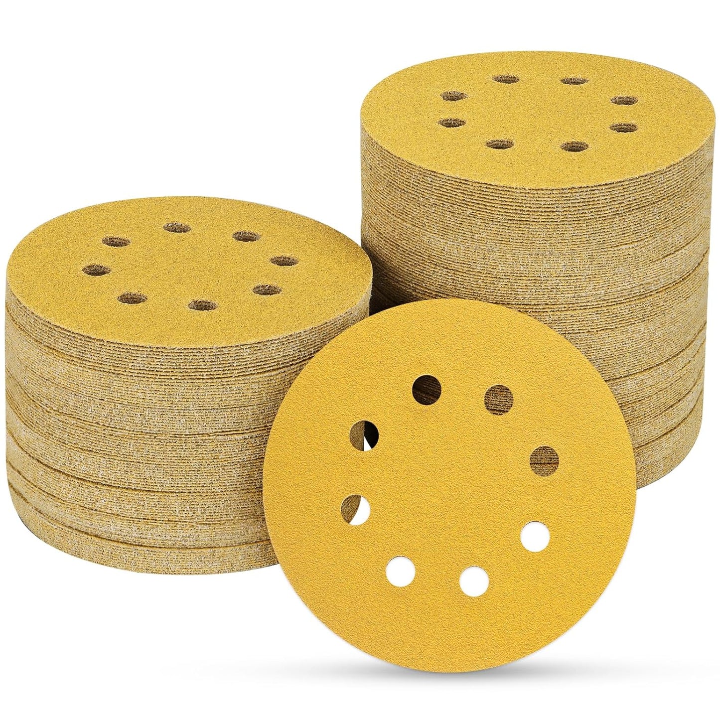 100PCS 5 Inch 8 Hole Sanding Discs 150 Grit,Gold Round Hook and Loop Sandpaper for Random Orbital Sander