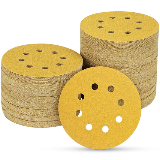 100PCS 5 Inch 8 Hole Sanding Discs 150 Grit,Gold Round Hook and Loop Sandpaper for Random Orbital Sander