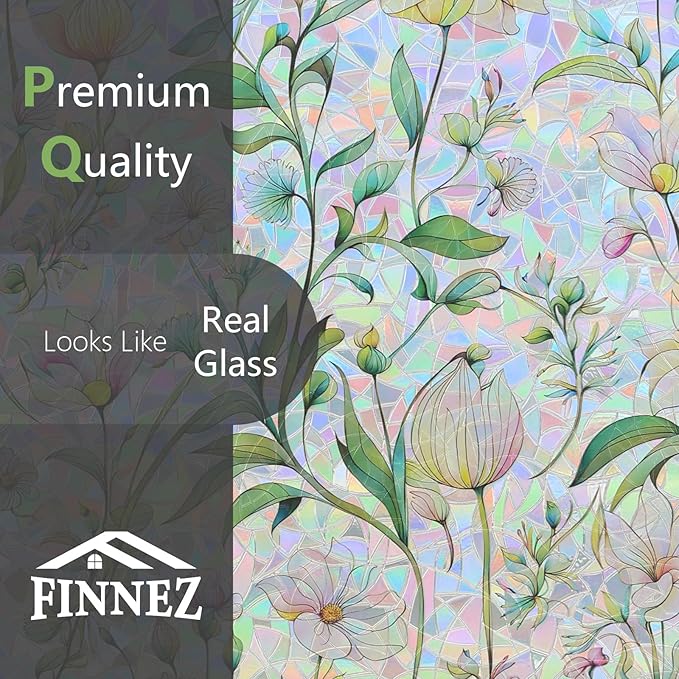 FINNEZ Window Privacy Film Stain Glass Film Flowers Rainbow Window Film Window Clings Non-Adhesive Reusable Decorative for Home（Forest Rainbow，35.4 Inch x 6.5 Feet）