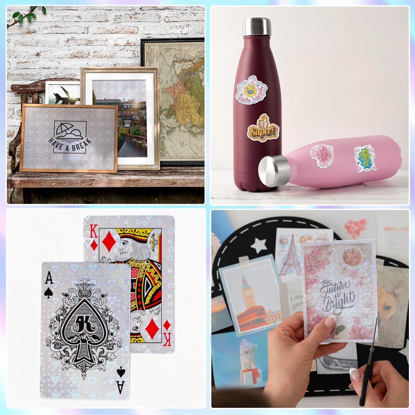 36 Sheets Holographic Sticker Paper,Holographic Laminate Sheets,A4 Size Clear Vinyl Sticker Sheets Self-Adhesive Rainbow Overlay Sheets,11.7 x 8.3 Inches（Heart）