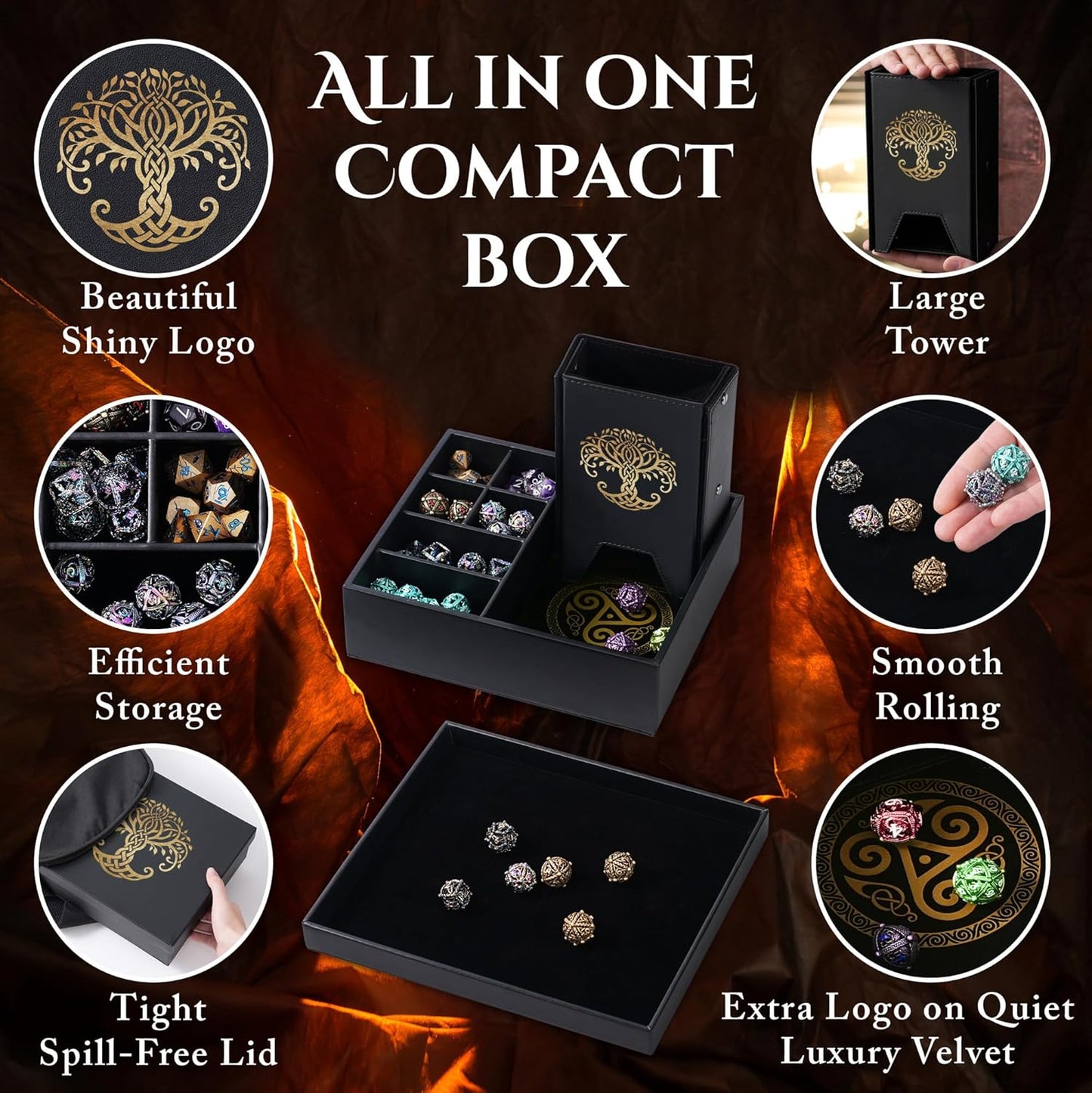 Dice Tray and Dice Tower for DND and RPG - All-in-One Game Roamer Tray & Large Tower for Random Rolls - Stores Your Sets, Mini's and More Compatible with D&D (Gold Tree)