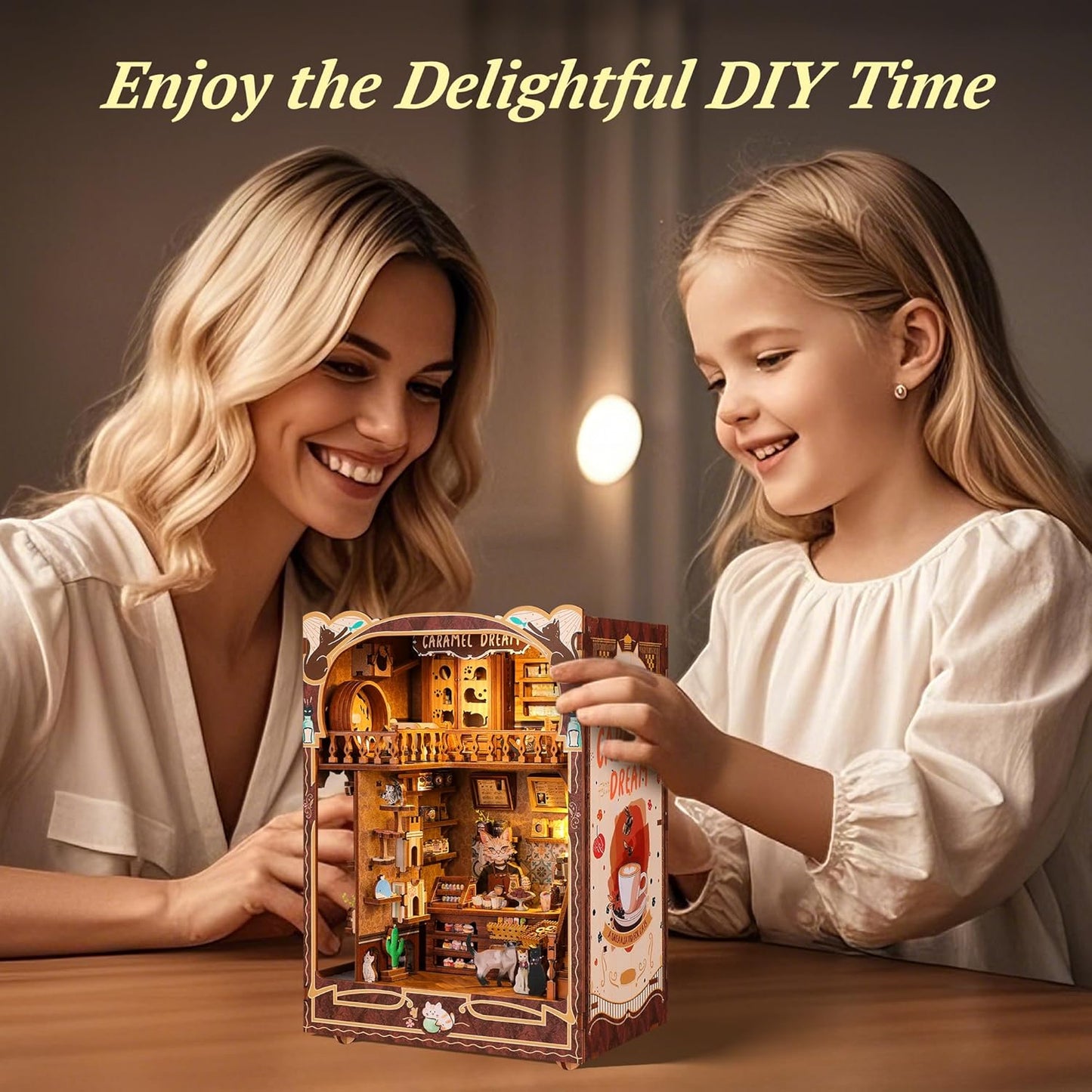 3D Wood Puzzle Book Nook Kit, Caramel Dream Cat Café Bookshelf Insert with LED Lights, DIY Miniature Bookend Décor for Display, Cozy Craft Gift for Cat Lovers and Teens (Caramel Dream)