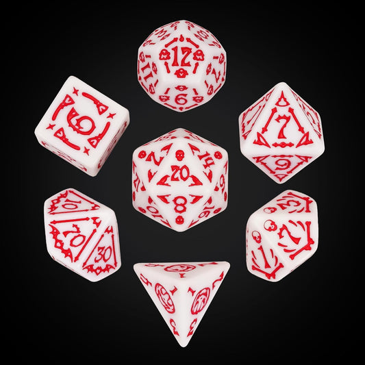 7-Die DND Dice Set Halloween Pattern Polyhedral Dice Set with Leather Bag, Skull Die D&D Die for RPG Table Games (Halloween Pattern-White/Red Number)