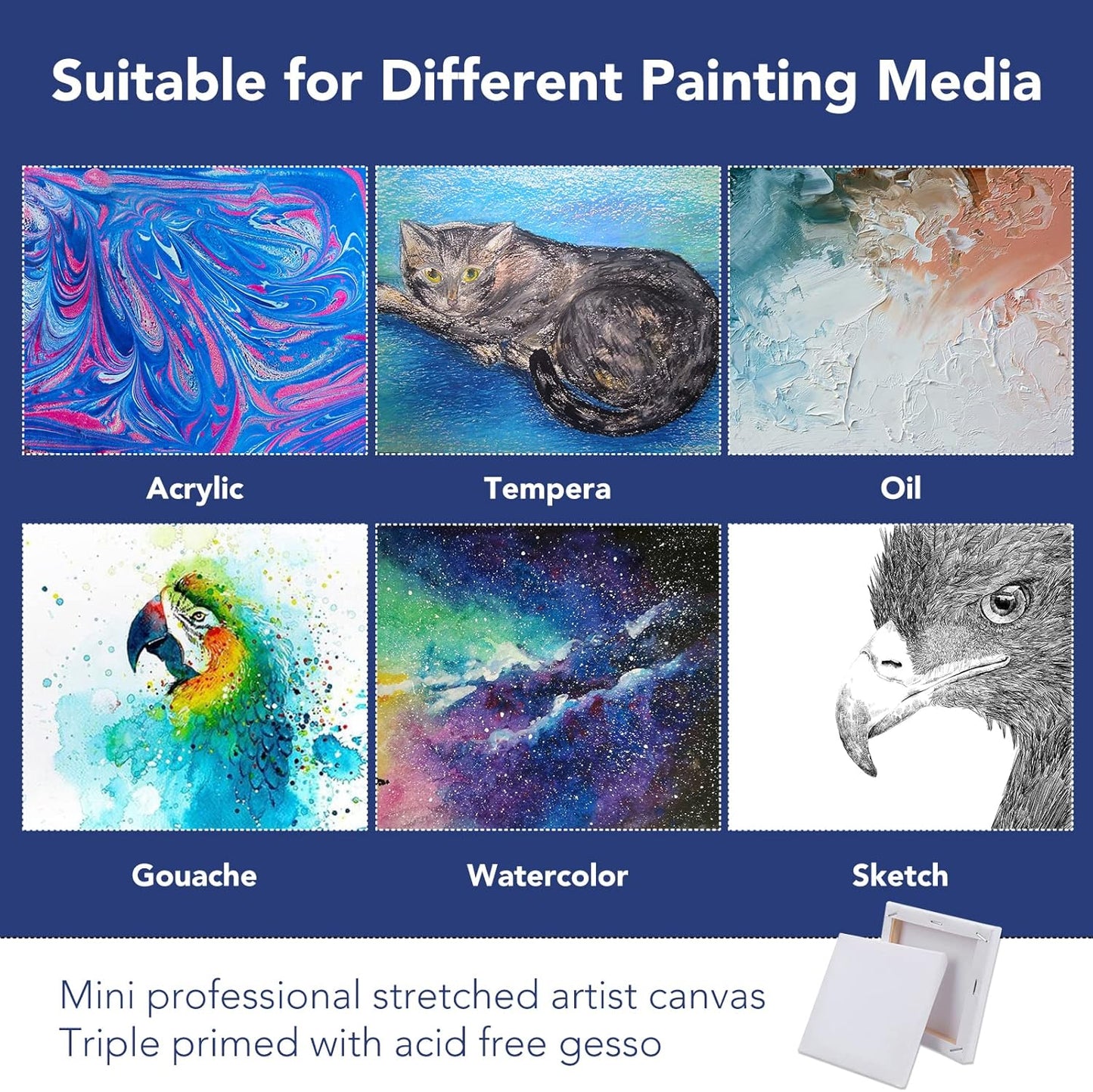 ESRICH Mini Stretched Canvas 12 Pack 4x4inch, 2/5''Profile Art Primed Canvases for Painting, 100% Cotton Small Professional Stretched Canvas for Kids and Art Supplies,for Acrylics,Oils&Other Painting.