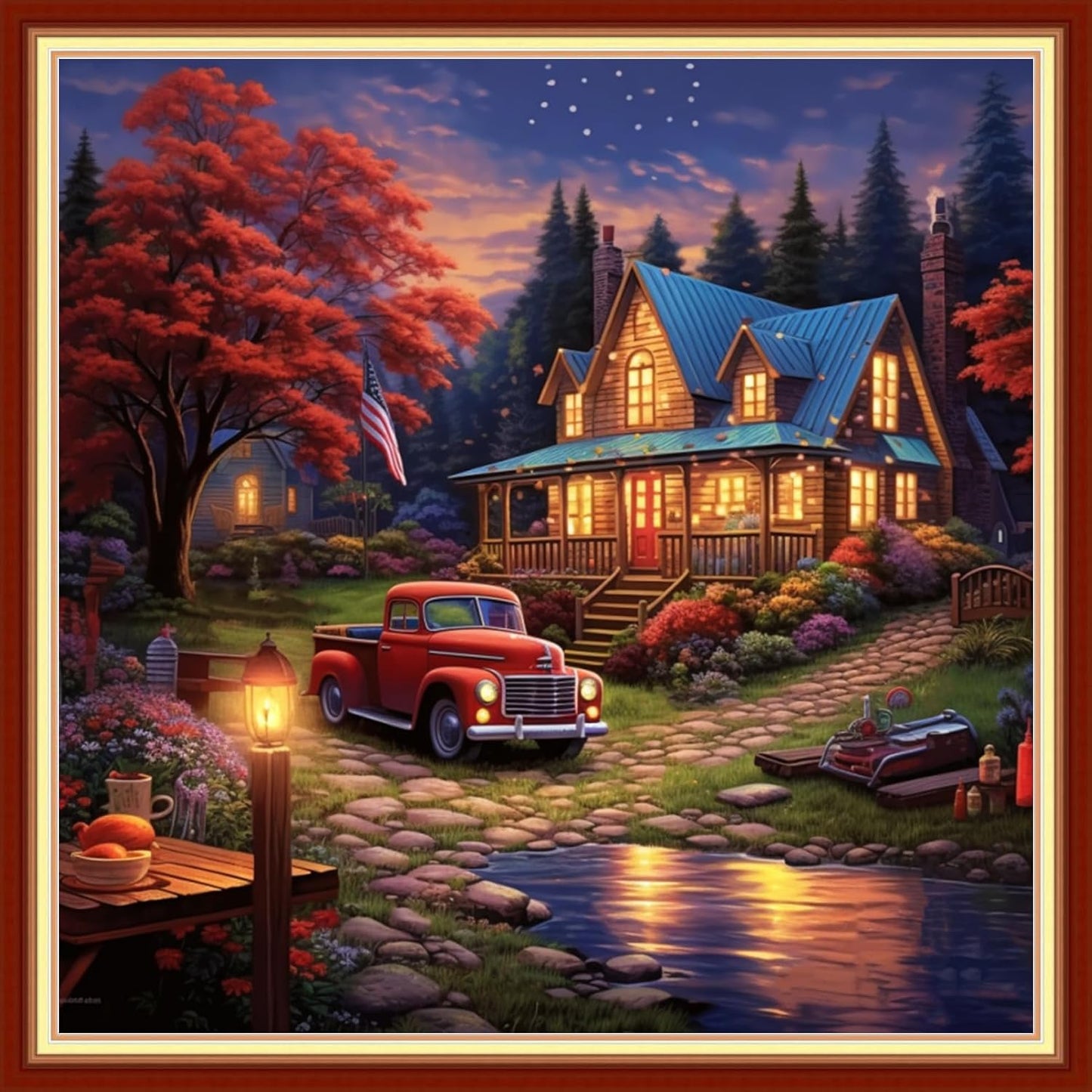 Dimensean Stamped Cross Stitch Kits Full Range of Embroidery Patterns Starter Kits for Beginners Adult or Kids DIY Cross Stitches Needlepoint Kits 11CT-Night View of The Cabin 18x18 inch