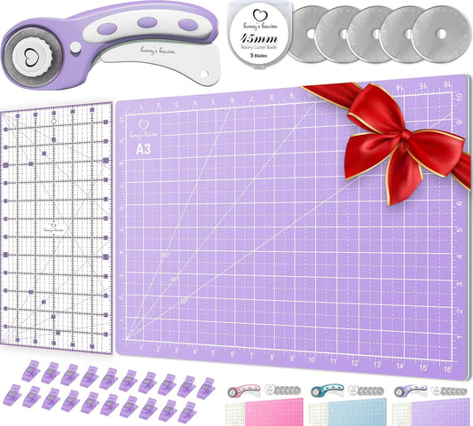 Rotary Cutter Set lavender - Quilting Kit incl. 45mm Fabric Cutter, 5 Replacement Blades, A3 Cutting Mat, Acrylic Ruler and Craft Clips - Ideal for Crafting, Sewing, Patchworking, Crochet & Knitting
