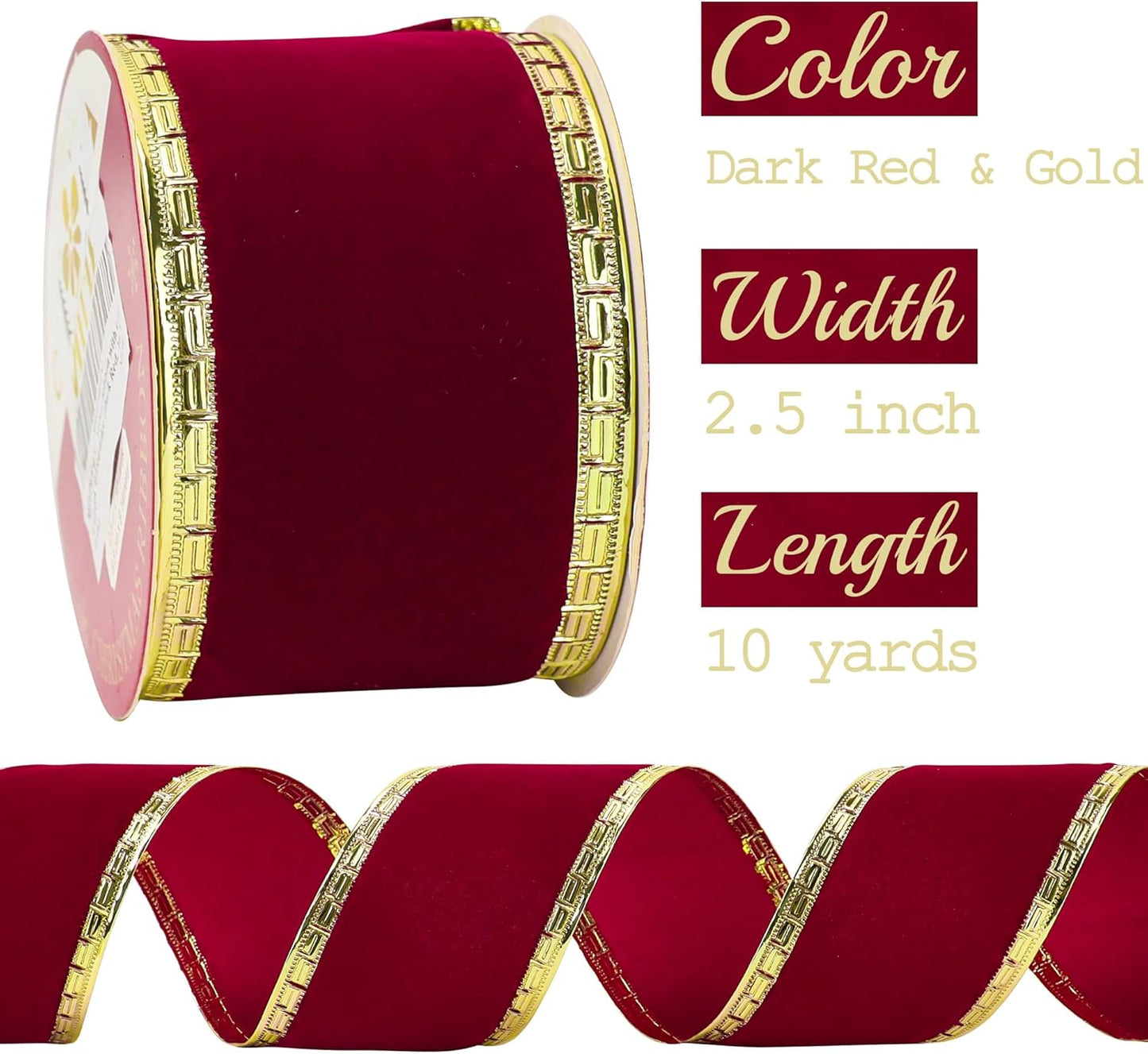 MEEDEE Burgundy Velvet 2.5 Inch Dark Red Christmas Ribbon 10 Yards Wired with Gold Greek Key Edge for Tree Decoration