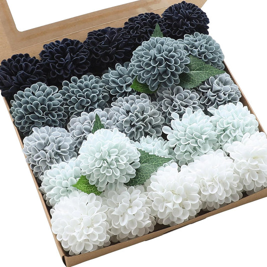 Floroom Artificial Dahlia Flowers 25pcs Real Looking Blue Shades Foam Fake Roses with Stems for DIY Wedding Bouquets Bridal Shower Centerpieces Floral Arrangements Party Tables Home Decoration