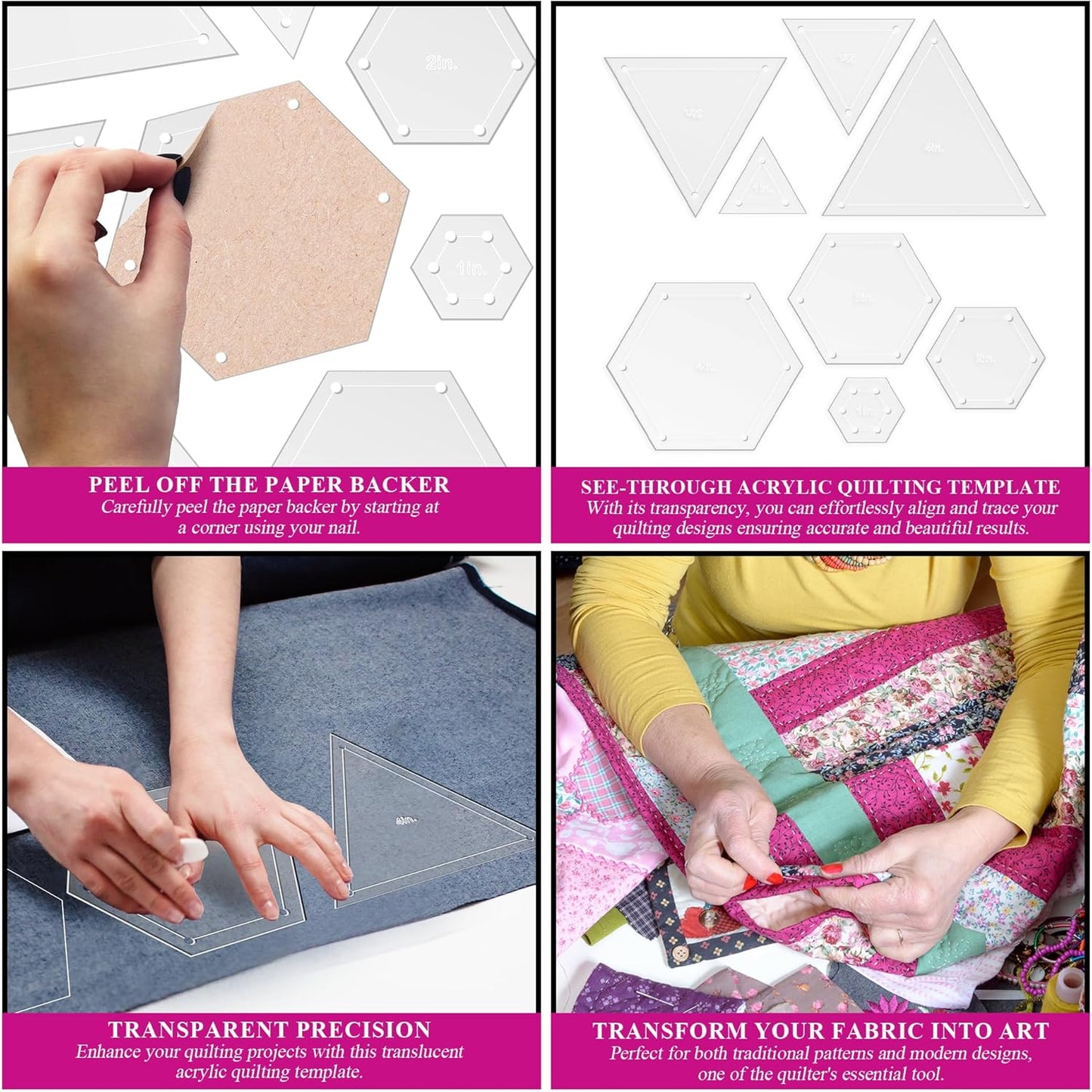 Quilting Acrylic Template Set | Precision Tools for Quilting Enthusiasts | Hexagon & Triangle Design | Includes Sizes 4", 3", 2", 1" | 1/8 Clear Acrylic | 1/4" Seam Allowance for Accuracy