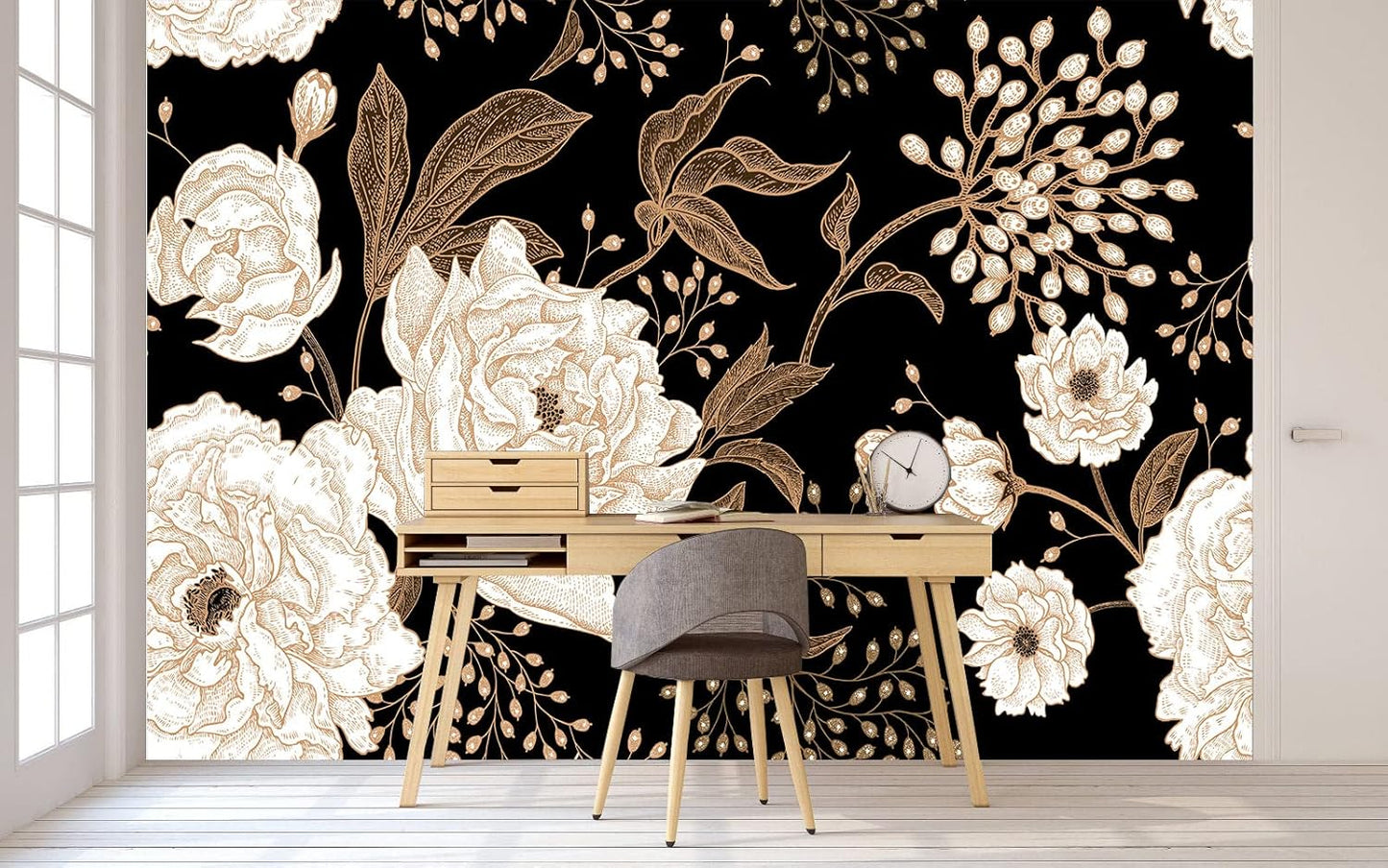 Wall Mural Peonies and Roses Floral Vintage Wallpaper Seamless Gold White Flowers Wall Coverings for Living Room Bedroom Kids Room（Not Peel and Stick）