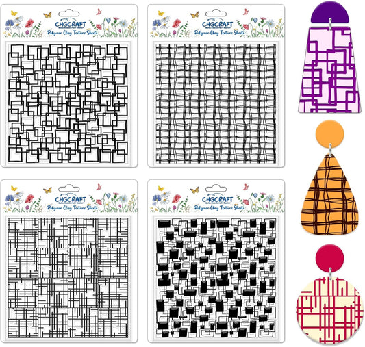 CHGCRAFT 4 Pcs Graffiti Grid Polymer Clay Texture Sheets Abstract Squares Silicone Texture Stamp Seamless Pattern Modeling Pattern Pad Sheets for Jewelry and Earrings Tools, 5.5x5.5 inch