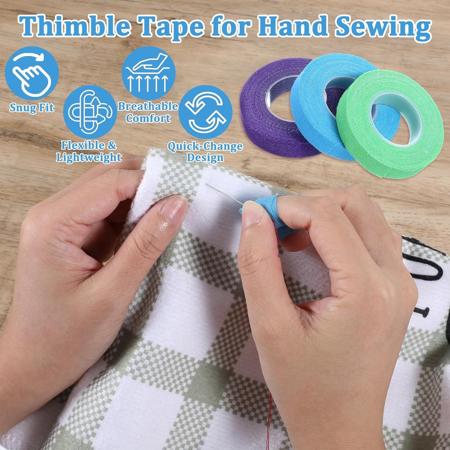 3 Rolls Thimble Tape for Hand Sewing, Self-Adhesive Cotton Finger Protector, Breathable Finger Tape Adjustable Knitting Bandage for Quilting, Embroidery DIY Crafts (Green, Purple, Blue)
