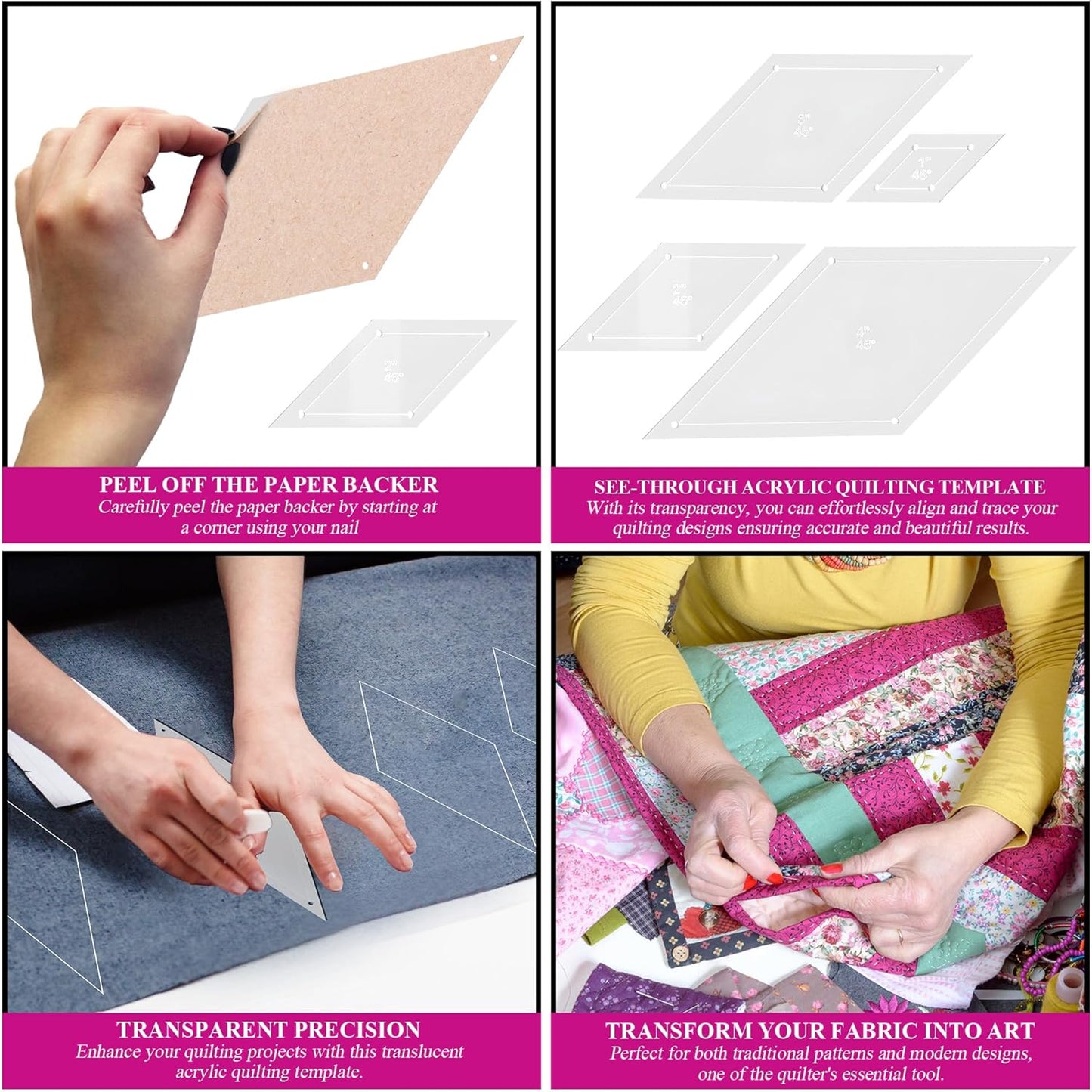 Quilting Acrylic Template Set | Precision Tools for Quilting Enthusiasts | Diamond Design | Includes Sizes 4", 3", 2", 1" | 1/8 Clear Acrylic | 1/4" Seam Allowance for Accuracy