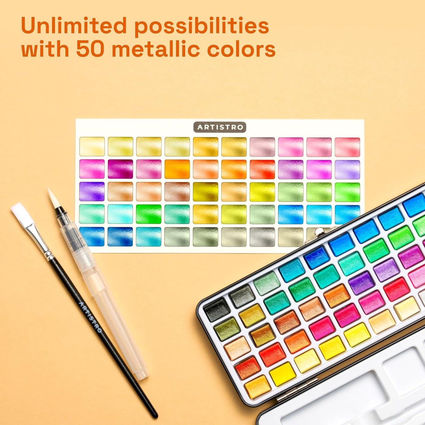 ARTISTRO 50 Metallic Watercolor Paint Set, Vivid Colors in Portable Box, Palette set. Perfect Travel Watercolor Set for Artists, Amateur Hobbyists and Painting