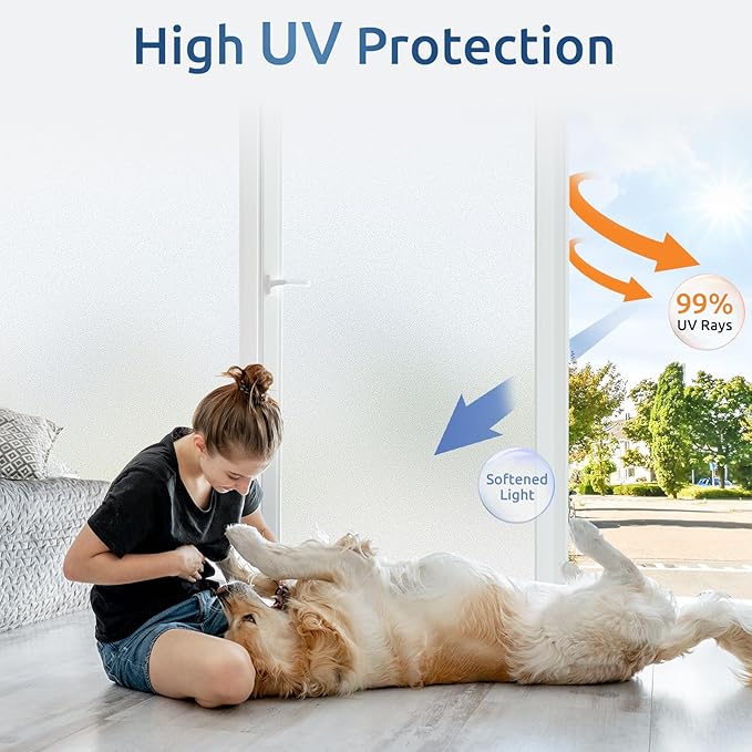 rabbitgoo Window Privacy Film for Glass Windows with Kit Decorative Clings UV Blocking Heat Control Static Cling Removable Bathroom Bedroom Door Home Coverings Pure, 35.4 x 118.1 inches