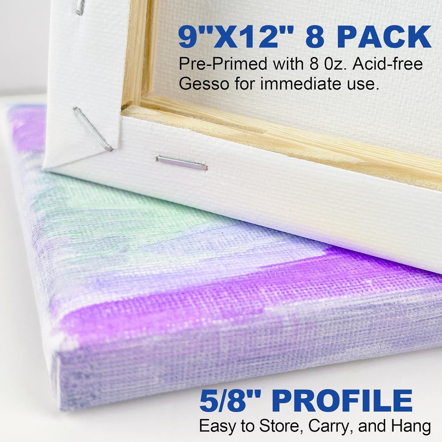 Stretched Canvases for Painting, 8 Packs 9X12 Inch Canvases for Acrylics,Oils & Other Painting Media, 5/8 Inch Profile 100% Cotton Primed Artist Framed Canvas