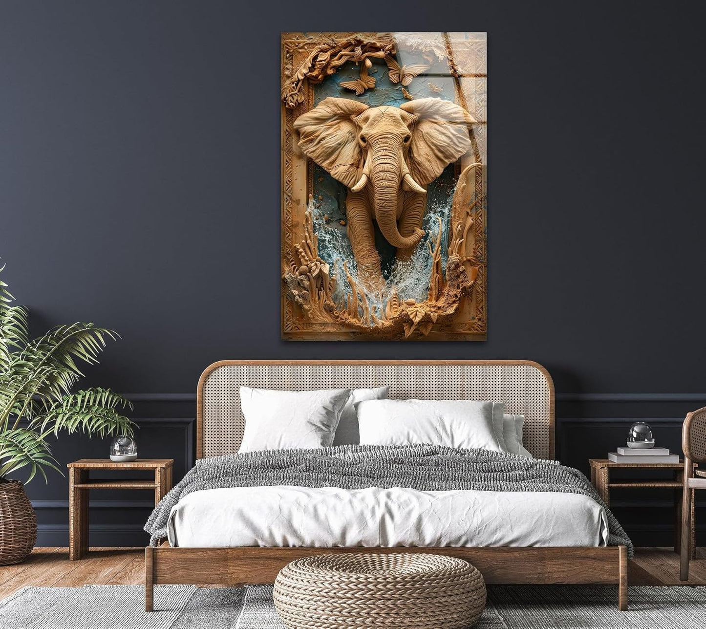 My Photostation.com 32Wx48H'' Elephant Carving Glass Wall Art Tempered Glass Printing Wall Decor Large Wall Art Wall Hangings