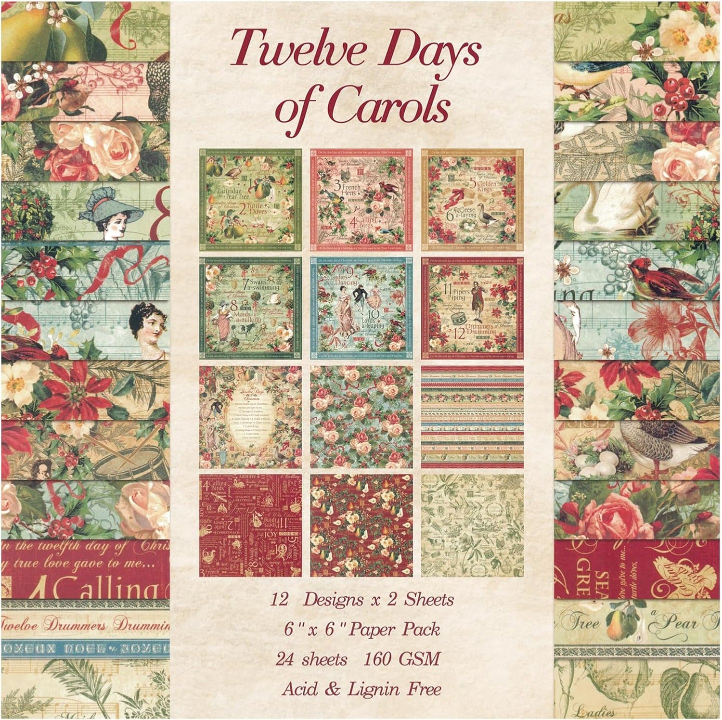 24 Sheets 12 Designs Scrapbook Paper Pad,6"×6” Single-Sided Decopodge Craft Cardstock Paper,Scrapbooking DIY Decorative Background Cardmaking Supplies.Carols