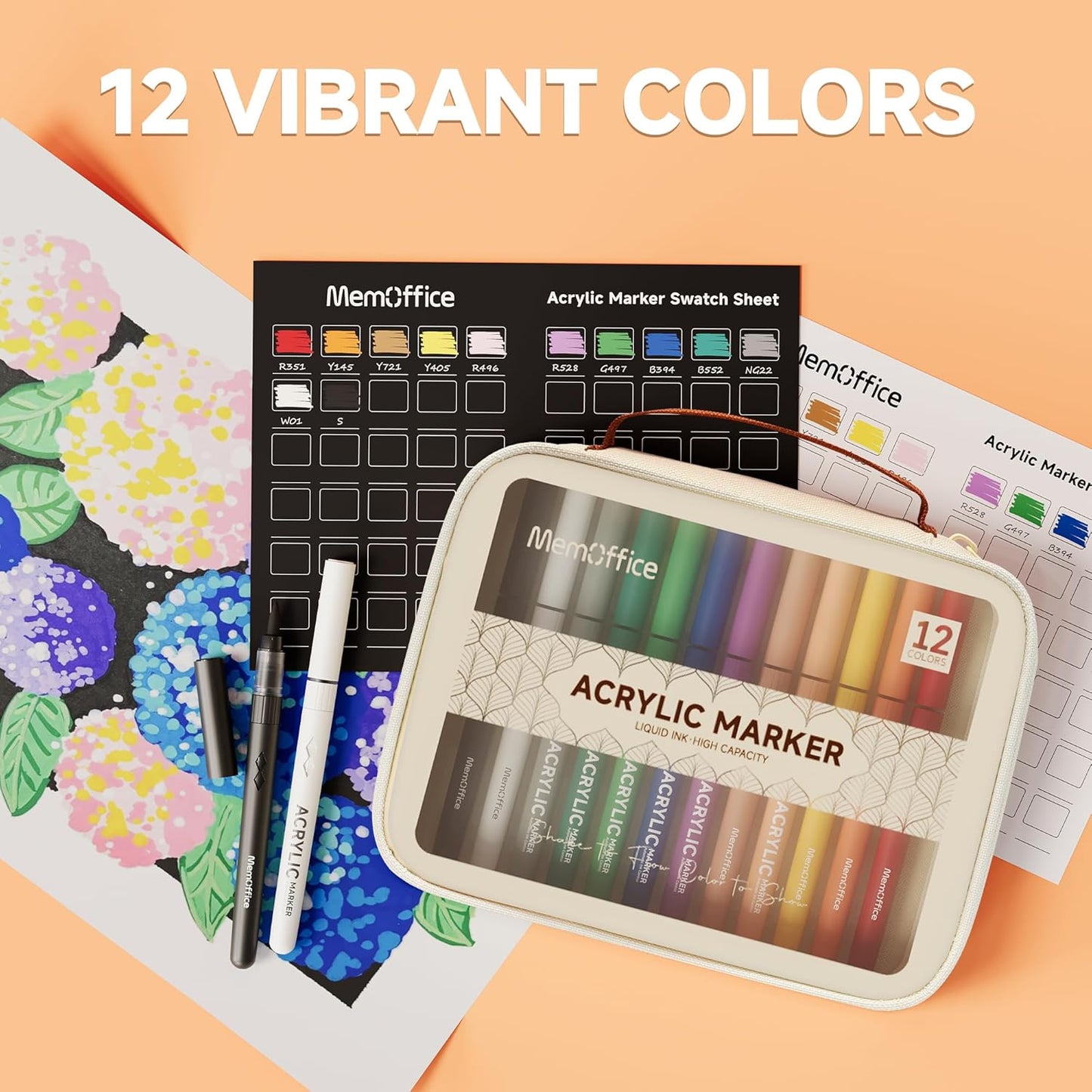 MemOffice Direct Liquid Acrylic Paint Markers, 12 Colors Brush Tip Pens with Carrying Case, No Bleed, Waterproof, for Rock, Wood, Canvas, Glass, Fabric, DIY Crafts for Adults & Kids