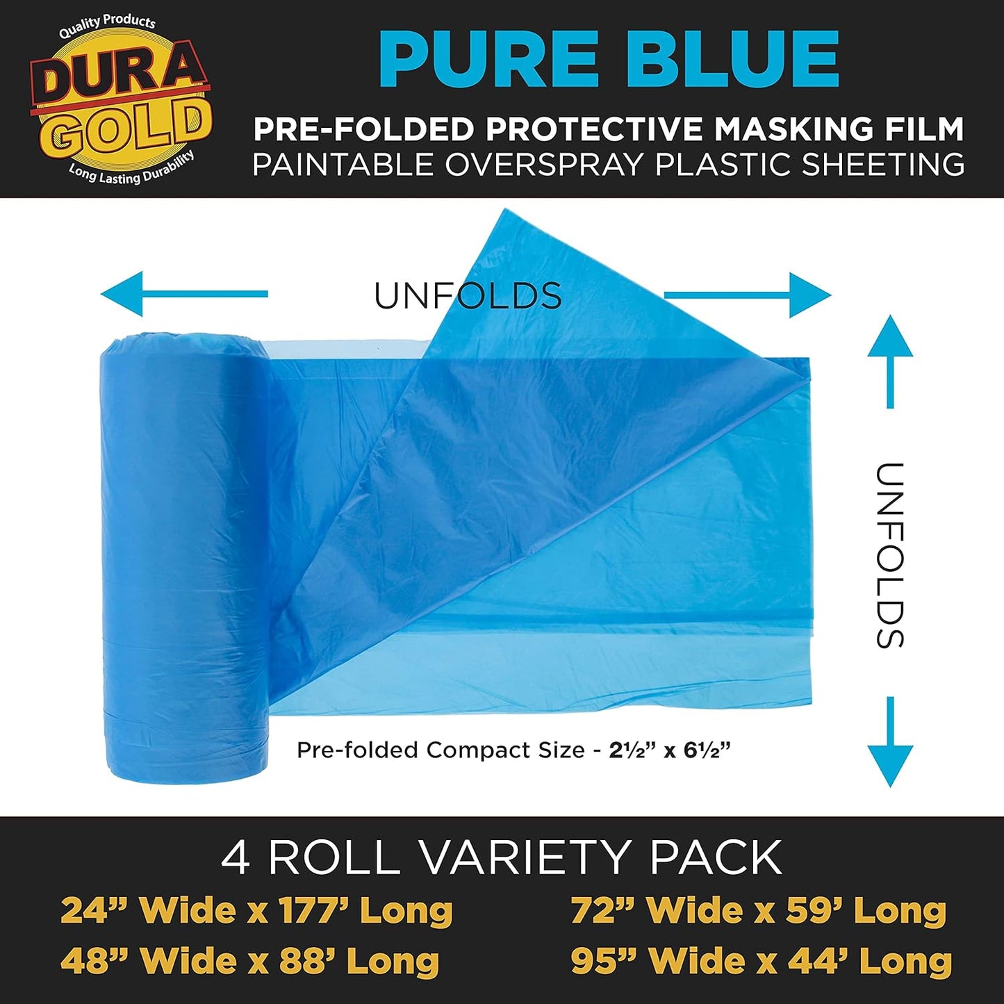 Dura-Gold Pure Blue Pre-Folded Masking Film, (4 Pack of 24, 48", 72", 95") Painters Plastic Roll, Pull Down Drop Sheet, Pre-Folded Plastic Sheeting for Painting Protection on Auto, Walls, Furniture