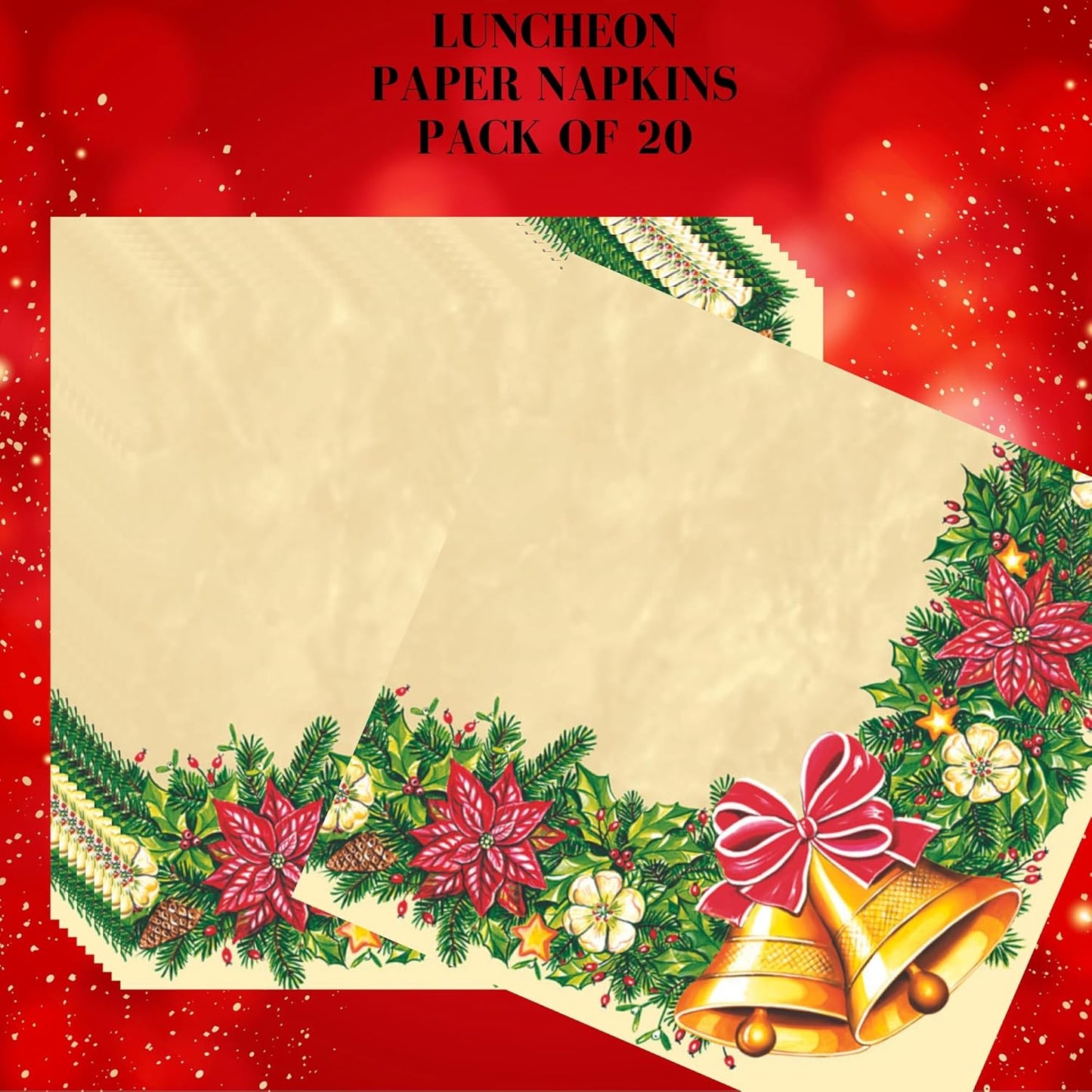 20-ct 13x13 Christmas Paper Decoupage Napkins, 3-Ply Servilletas Tissue Napkin for Dinner and Parties, Disposable Napkins (Bells)