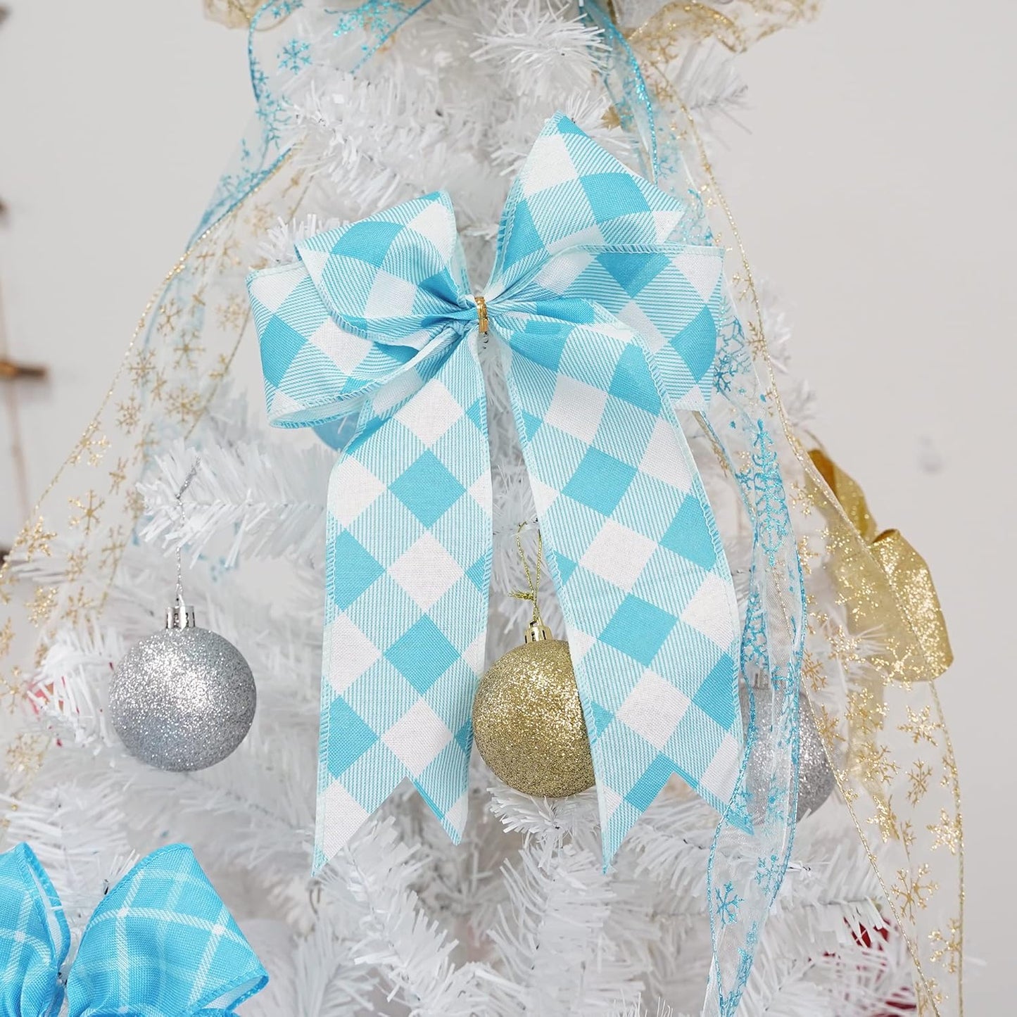 MEEDEE Blue and White Check Ribbon Christmas Wired Ribbon Blue White Burlap Ribbon 2.5 Inch X 10 Yards for Crafts Christmas Tree Decoration Birthday Decor Bows Making Flower Wreath Gift Wrapping