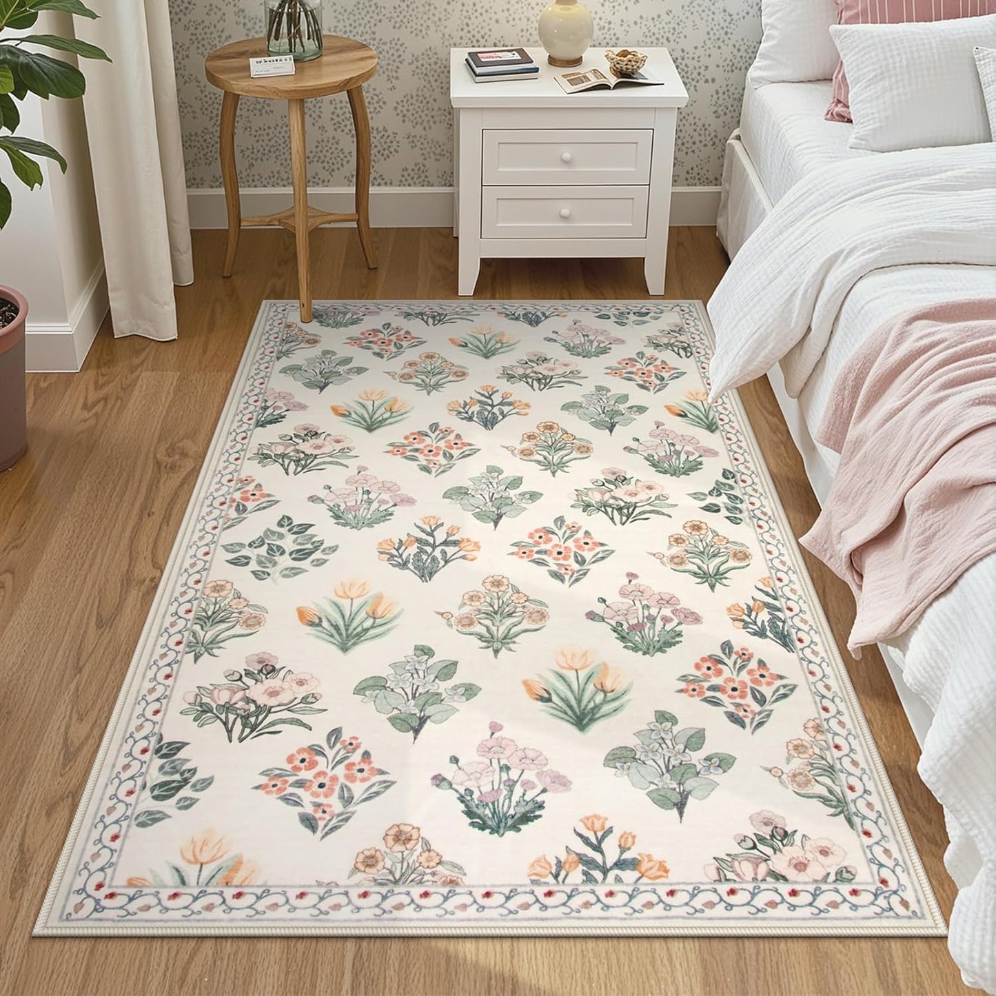 Wonnitar Floral Machine Washable 3x5 Rug, Small Area Rug for Kids Bedroom Nursery, Ultra-Thin Non Slip Soft Moroccan Throw Carpet for Dorm Living Room Large Entryway, Cream Beige