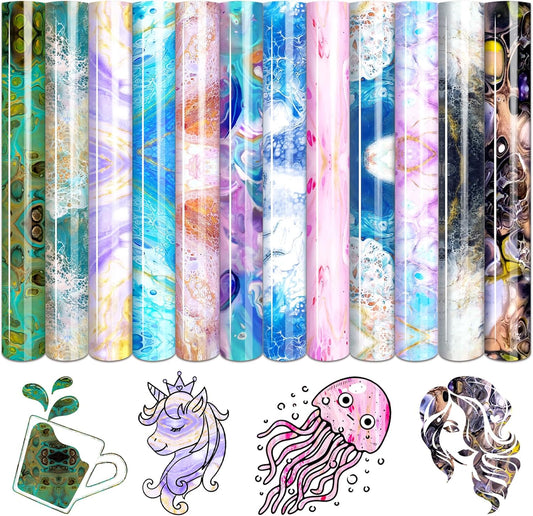 Tintnut Liquid Marble HTV Vinyl - 12 Sheets 10 x 12 Inch Watercolor Marble Heat Transfer Vinyl Pattern HTV Iron on Vinyl T-Shirts DIY Compatible with Cricut or Silhouette Cameo