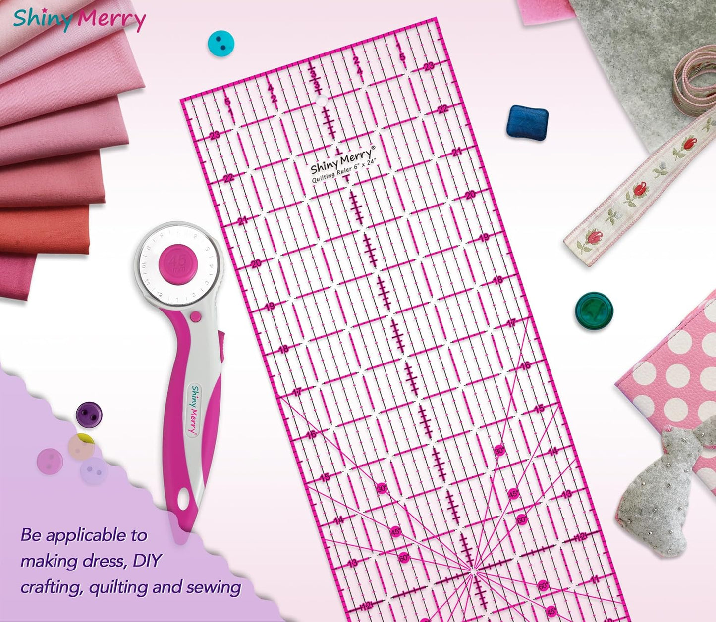 Quilting Ruler 6"x24",Non-Slip Clear Acrylic Sewing Ruler with Easy-to-Read Grid,Pink & Black Grid Design,Perfect for Fabric,Patchwork,Cutting & Sewing Crafts,Durable Tool for Quilting