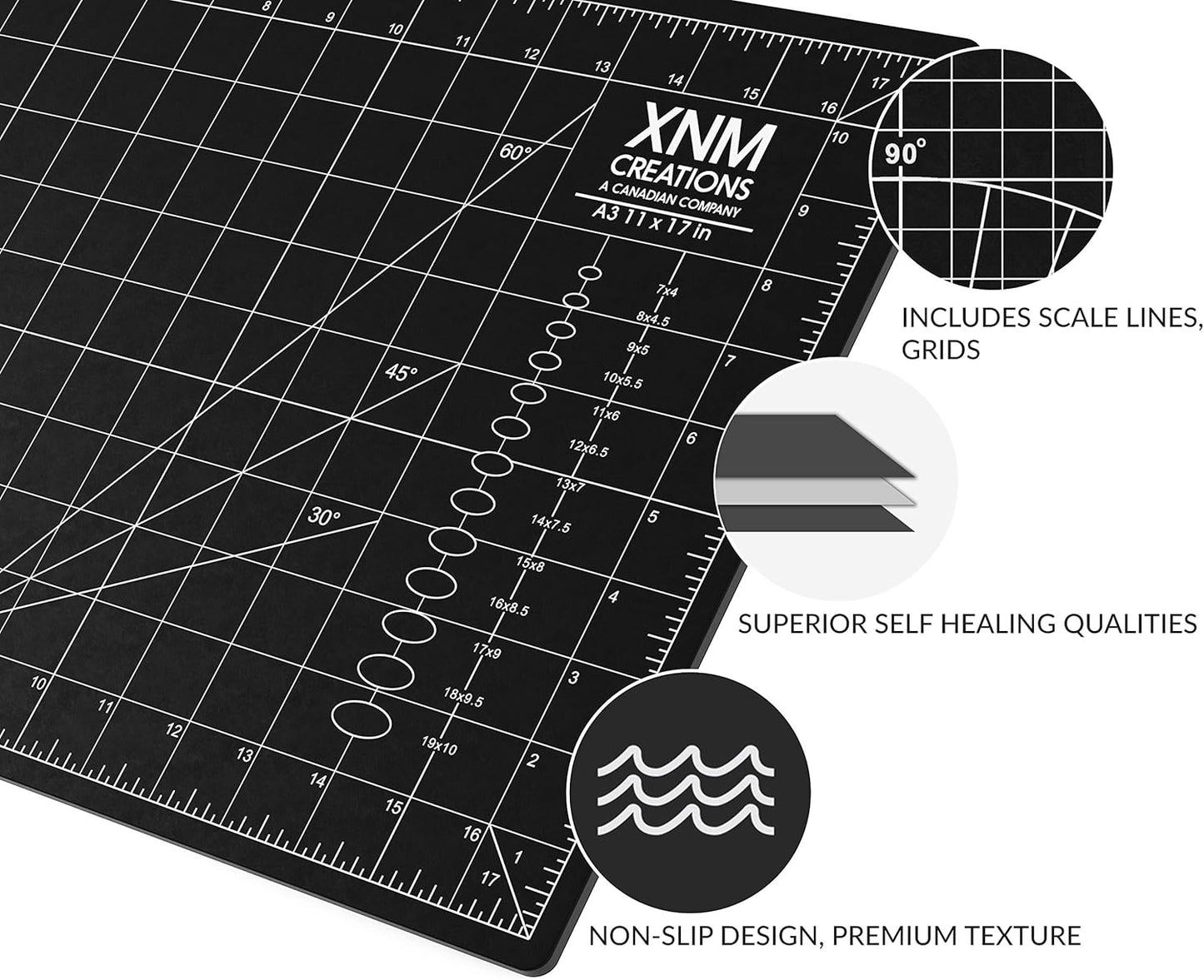 XNM Premium Self Healing Cutting Mat - 12 Inches by 18 inches - A3, 3 Layer Quality PVC Construction - Dual Sided, Imperial and Metric Grid Lines - Perfect for Cutting, Sewing, and Crafts
