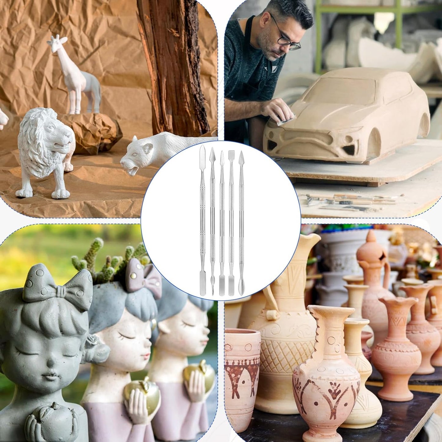 Clay Sculpting Tools, 5 PCS Stainless Steel Pottery Spatula Wax Carving Tools Set Double-Ended Polymer Clay Tools Kit for Modeling, Embossing, Sculpting and Shaping Miniatures