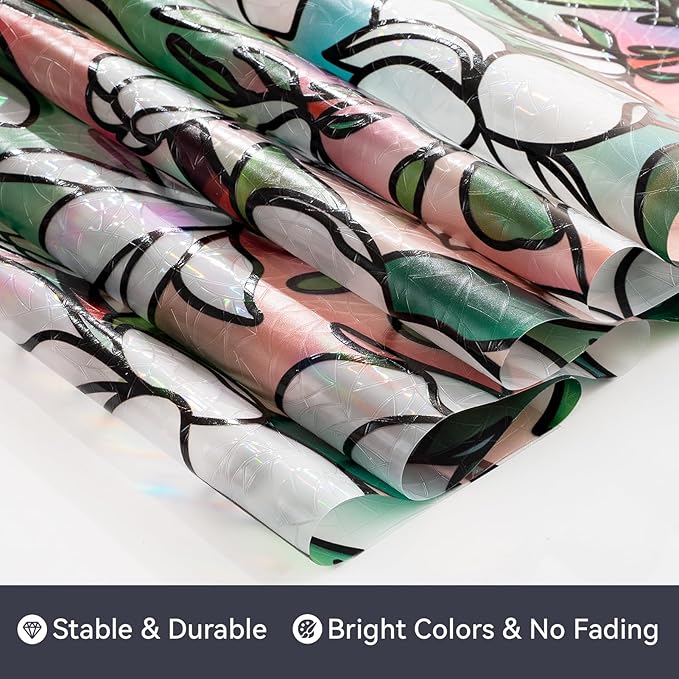DKTIE Magnolia Pattern Stained Glass Window Film Floral Decorative Window Privacy Film with Rainbow Effect Front Door Bathroom Room Decor (S678, 17.7in X 118.1in)