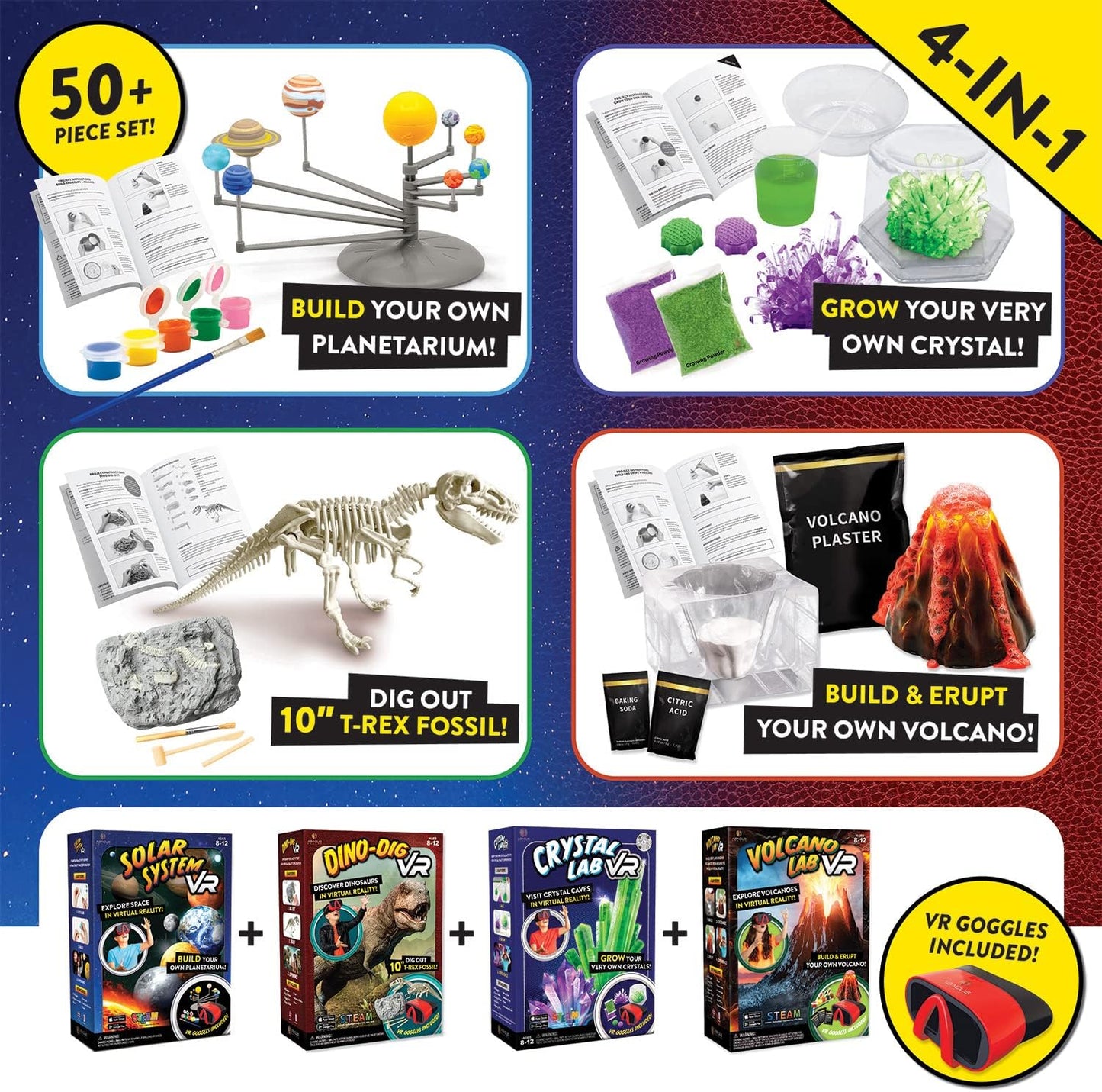 Abacus Brands Virtual Reality 4 in 1 Deluxe VR Lab - Illustrated Interactive VR Book and STEM Learning Activity Set (Solar System, Dino-Dig, Crystal and Volcano) - for Ages 8 and Up