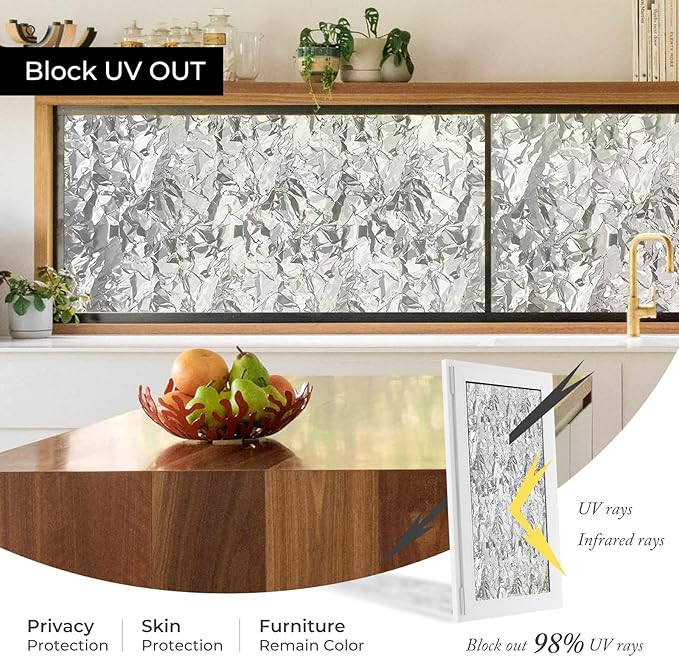 Window Privacy Film, Removable Static Cling, Stained Glass Decorative Window Film, Vinyl Covering for Home Kitchen Living Room, Brash ice, 17.3" x 78.7"