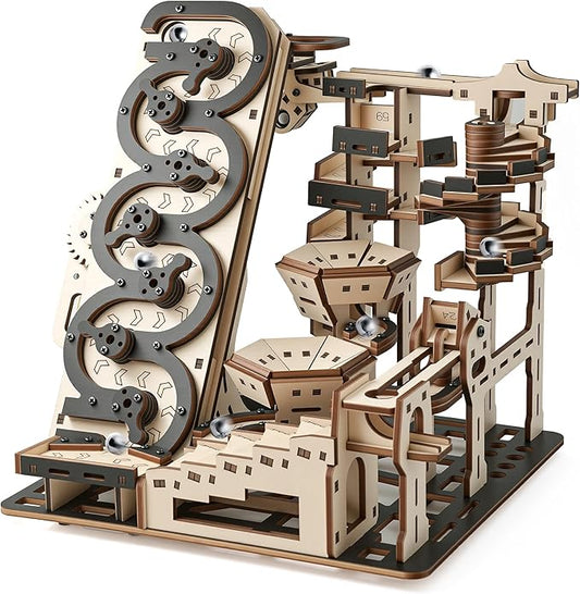 Electric 3D Wooden Kinetic Art - Automated Rolling Ball Maze Building Kit for Adults & Teens. DIY Mechanical Puzzle, STEM Project, Zen Home Office Decor & Brain Teaser Gift