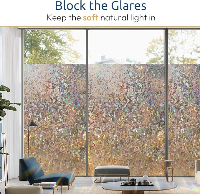 rabbitgoo Window Privacy Film Rainbow Film Decorative Window Sticker, 3D Static Stained Glass Cling Tint for Home Heat Control Non-Adhesive, Brown, 23.6 x 157.4 inches