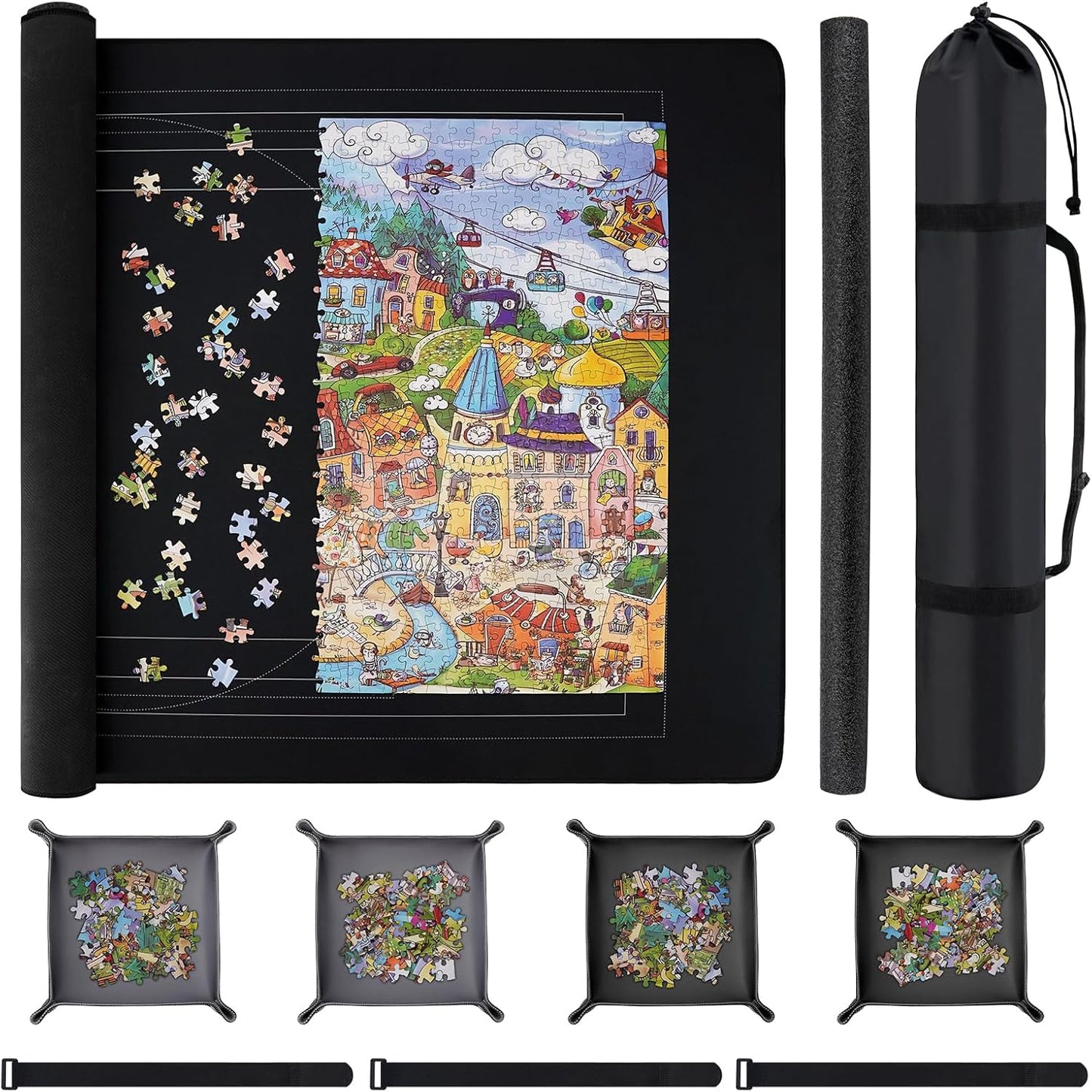 Puzzle Mat Roll Up with Drawstring Storage Bag, Portable Saver Pad 46” x 26” Up to 1500 Pieces with Non-Slip Rubber Bottom & Smooth Top + 4 Puzzle Sorting Trays & Travel-Friendly Storage Bag