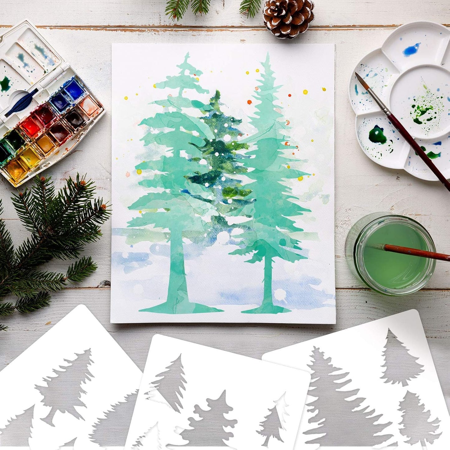 8 Pieces Pine Tree Stencils Art Painting Templates Stencils for Painting on Wood Winter Holiday DIY Wall Floor Decor Supplies (11.4 x 11.4 Inch)