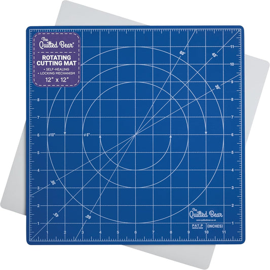 The Quilted Bear Rotating Cutting Mat 12" x 12" - Locking & Rotating Self Healing Cutting Board for Sewing, Fabric & Quilting - 360 Degree Sewing Supplies Mat for Craft Table (Blue)