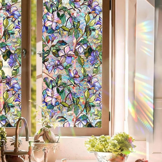 Purple Flower Window Privacy Films, Stained Glass Rainbow Floral Window Sticker Decor, Sun Blocking Removable Static Cling Film for Bathroom Living Room Bedroom Sunroof, 17 x 39.37 Inch
