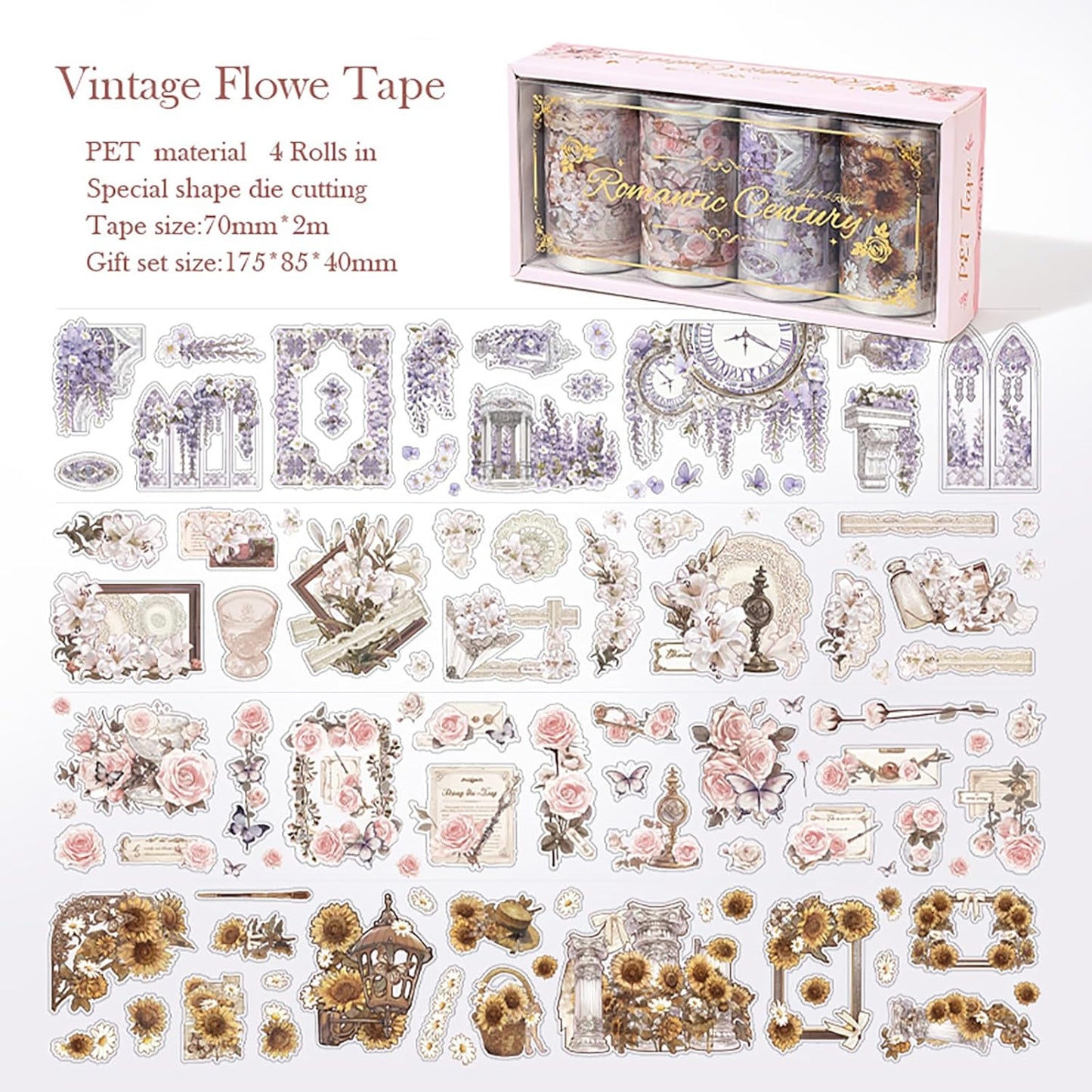4 Rolls Pre-Cut pet Flower Tape Stickers Flower Vintage Stickers Decorative Tape Aesthetic Stickers for Journaling, Scrapbook Supplies