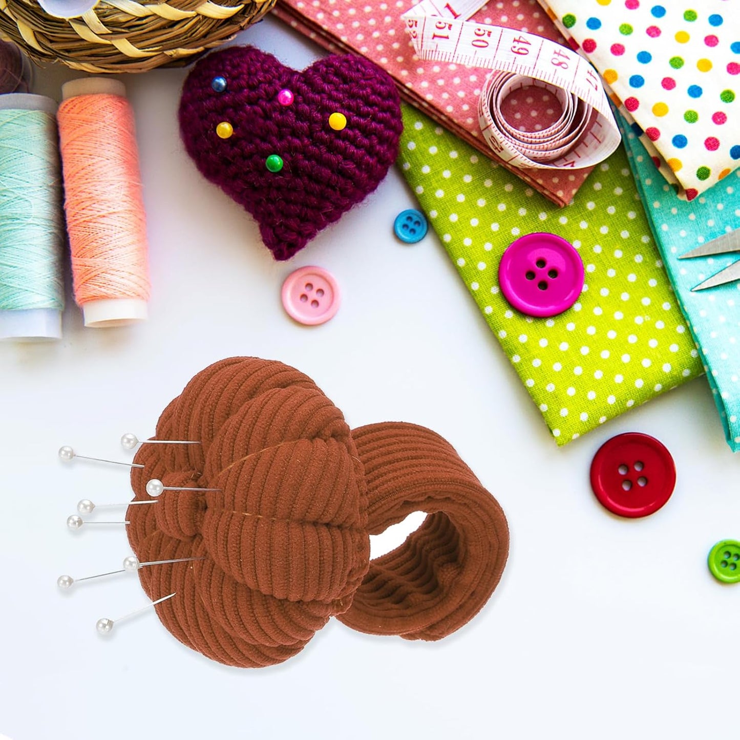 PATIKIL Wrist Pumpkin Pin Cushion, Snap Pin Cushion with Elastic Strap Ring Portable Embroidery Needle Pin Storage for Hand Craft Knitting, Brown