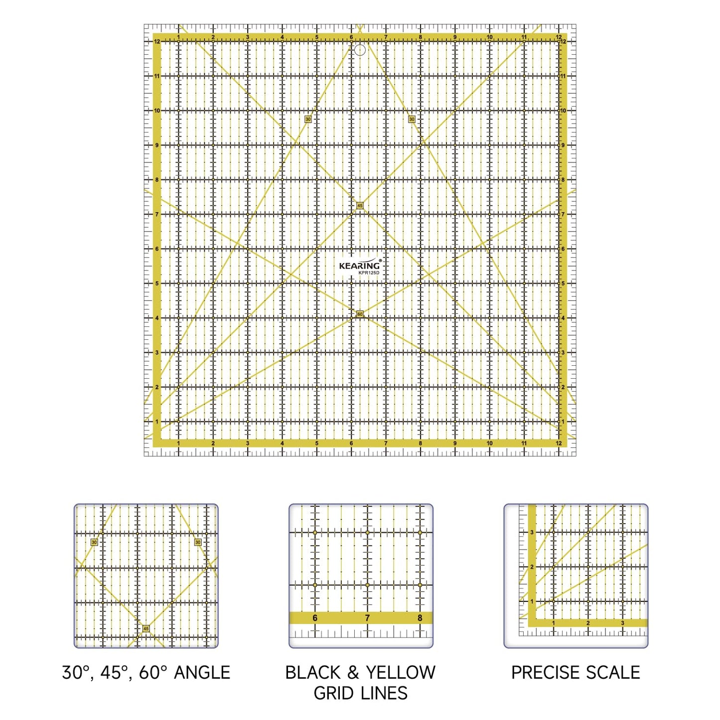KERING Extra-Large Quilting Ruler - 12.5x12.5 inch Anti-Slip Acrylic Ruler for Patchwork Piecing, Bias Strips & Rotary Cutting, Professional Quilter's Must-Have Tool