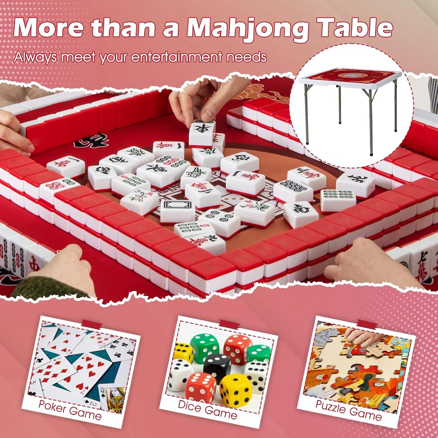 Giantex Folding Mahjong Table, 35" Square Card Table with Cup Holders, Removable Noise Reduction Mat, HDPE Tabletop, 4-Player Portable Domino Tables for Poker Blackjack Board Game (Red)