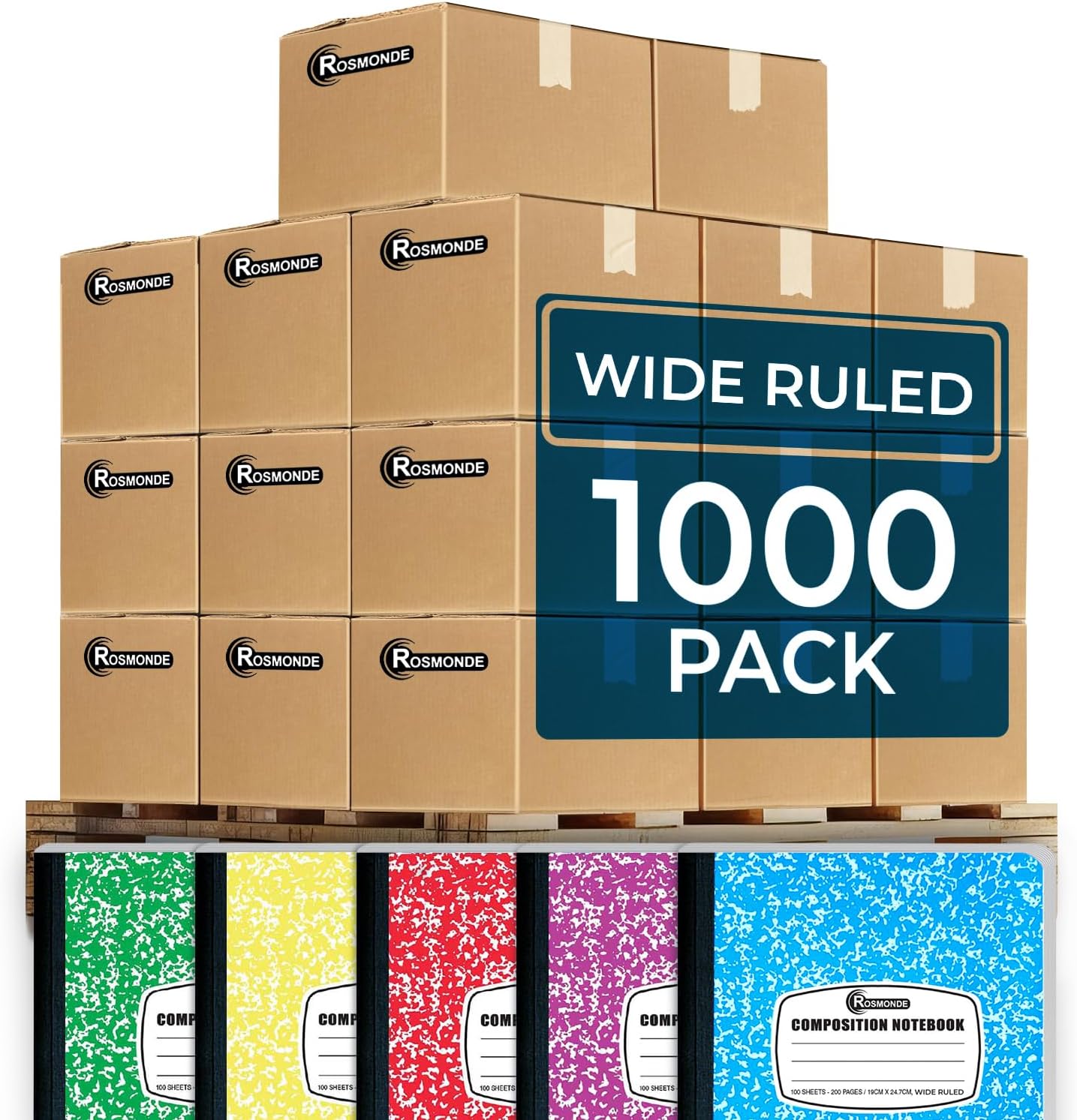 Rosmonde 1000 Pack (Pallet) Composition Notebooks Bulk, Wide Ruled, Pallet of Composition Notebooks, 200 Pages (100 Sheets), 9-3/4 x 7-1/2, Bulk Notebooks for School & Office, 4-7 Days Transit