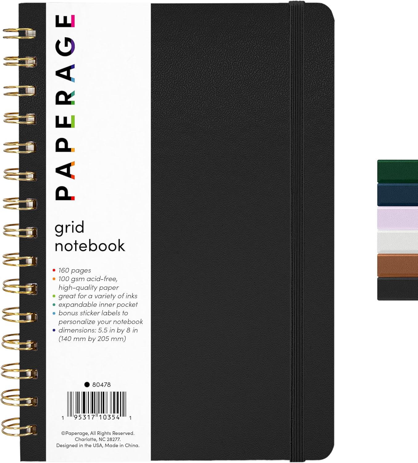 PAPERAGE Graph Paper Spiral Notebook & Journal, (Black), 160 Pages, Medium 5.5 inches x 8 inches - 100 GSM Thick Graphing Paper, Hardcover, Double-Wire Grid Spiral Notebook