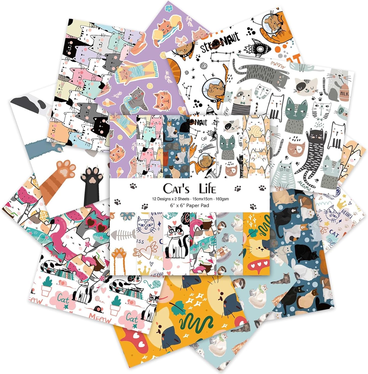 24 Sheets 12 Designs Scrapbook Paper Pad,6"×6” Single-Sided Decopodge Craft Cardstock Paper,Christmas Scrapbooking DIY Decorative Background Cardmaking Supplies.Cat's Life